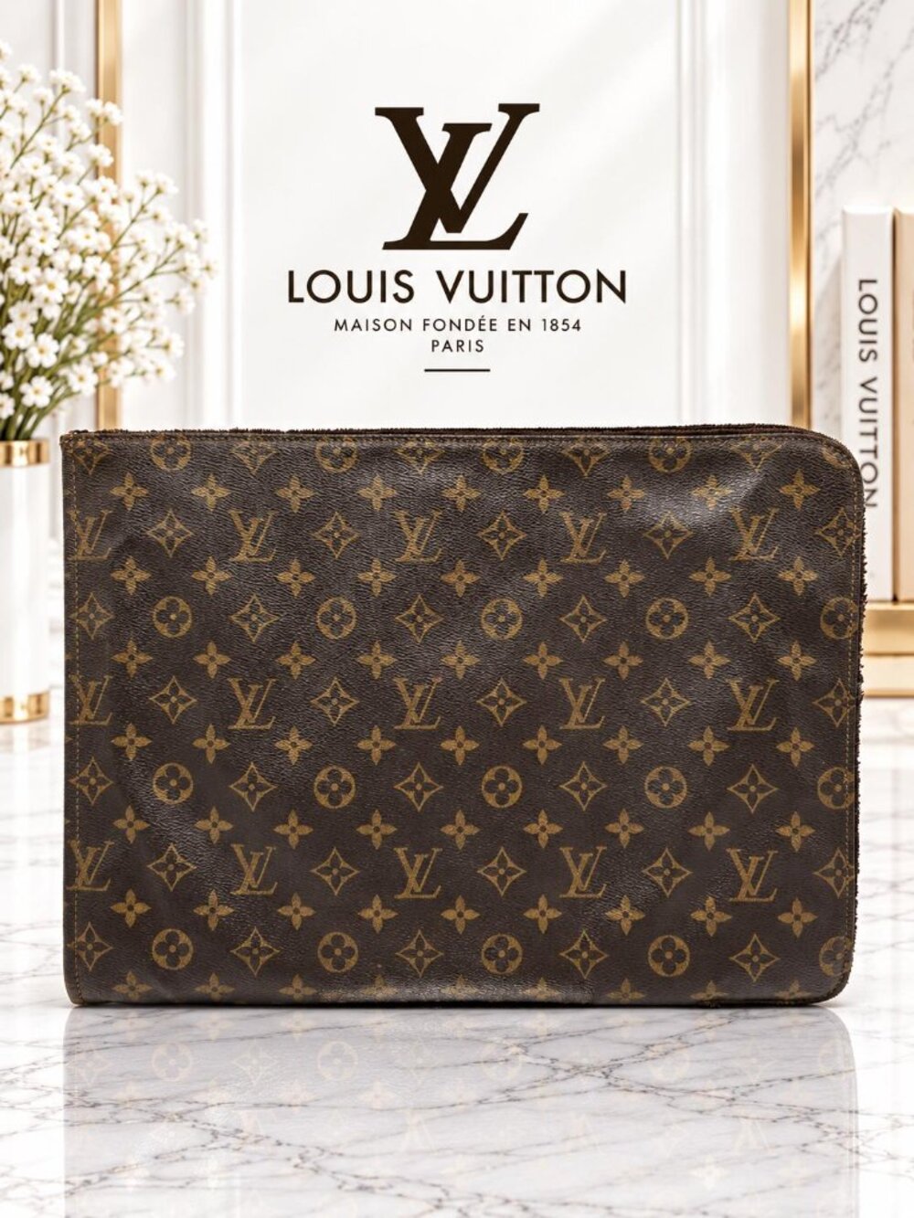 Authentic Louis Vuitton Pochette Voyage Monogram Canvas Clutch Pouch Brown